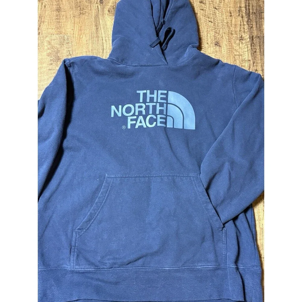 North Face Hoodie Mens Medium Blue Spell Out Fleece Hooded Pullover Sweatshirt
